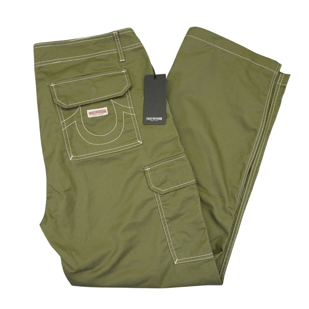 NEW True Religion Cargo Pants Mens 36 Green Contrast Stitch Straight Leg